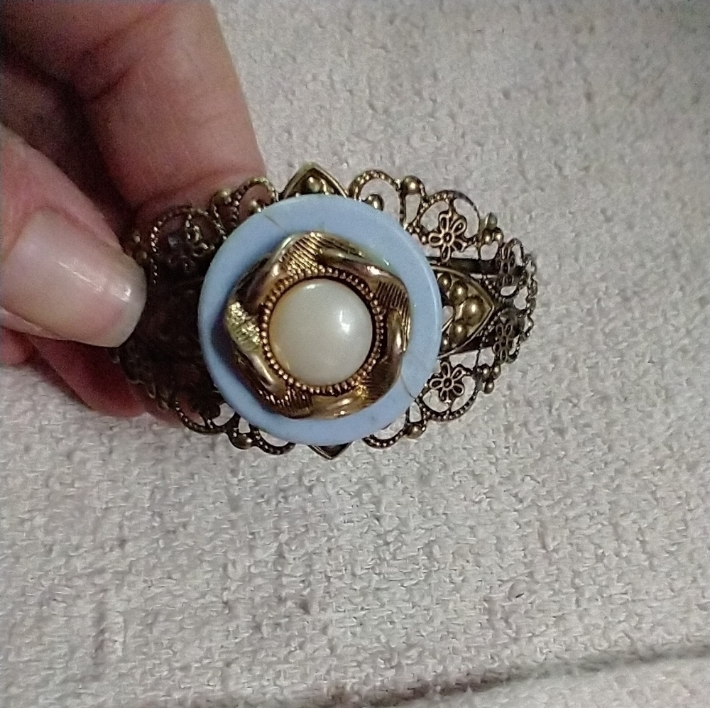 Goldtone lacy filigree blue white faux pearl cuff bracelet